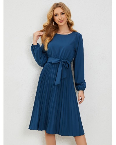 Women Midi Dresses Jewel Neck Lantern Sleeve Belted Pleated Dress Vintage Bodycon Street Wear Daily Casual