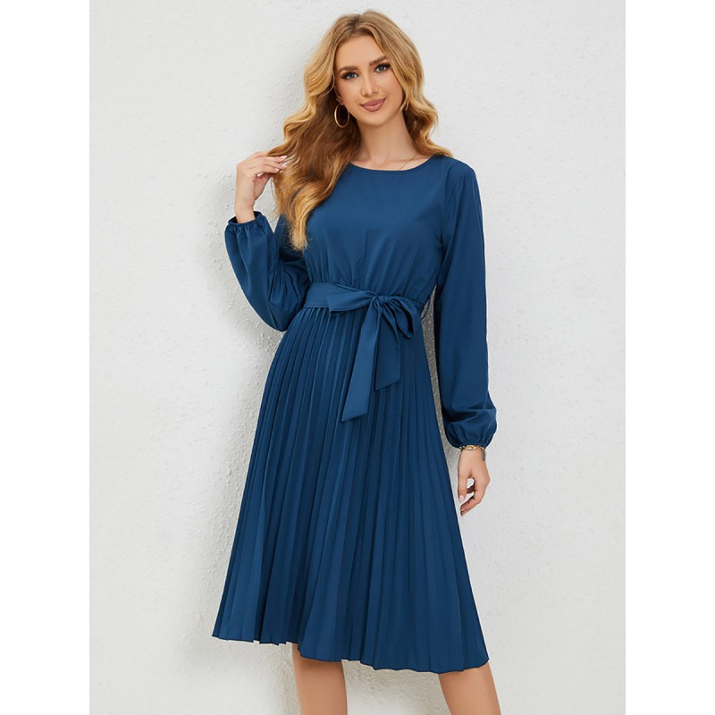 Women Midi Dresses Jewel Neck Lantern Sleeve Belted Pleated Dress Vintage Bodycon Street Wear Daily Casual