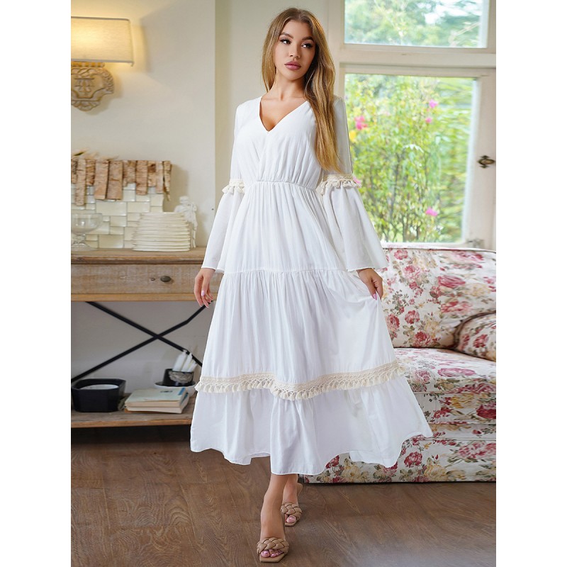 Women Boho Dress V-Neck Long Sleeves Layered Fringe Beach Dress Maxi Elegant Casual Bohemian Spring Summer Fall