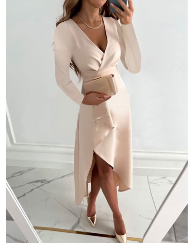 Cascading Ruffles Layered V-Neck Long Sleeves Midi Dress Maxi Dating