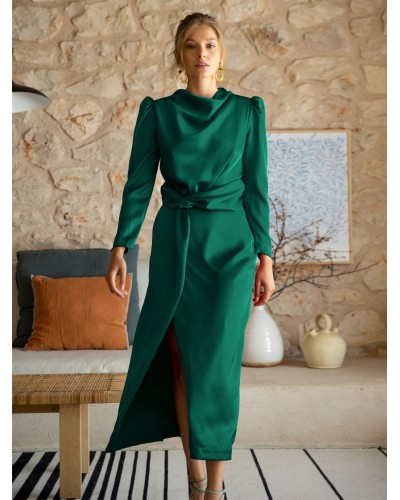 Women Party Dresses Green Jewel Neck Pleated Long Sleeves Semi Formal Dress Sexy Elegant Chic  Modern Summer Fall Winter