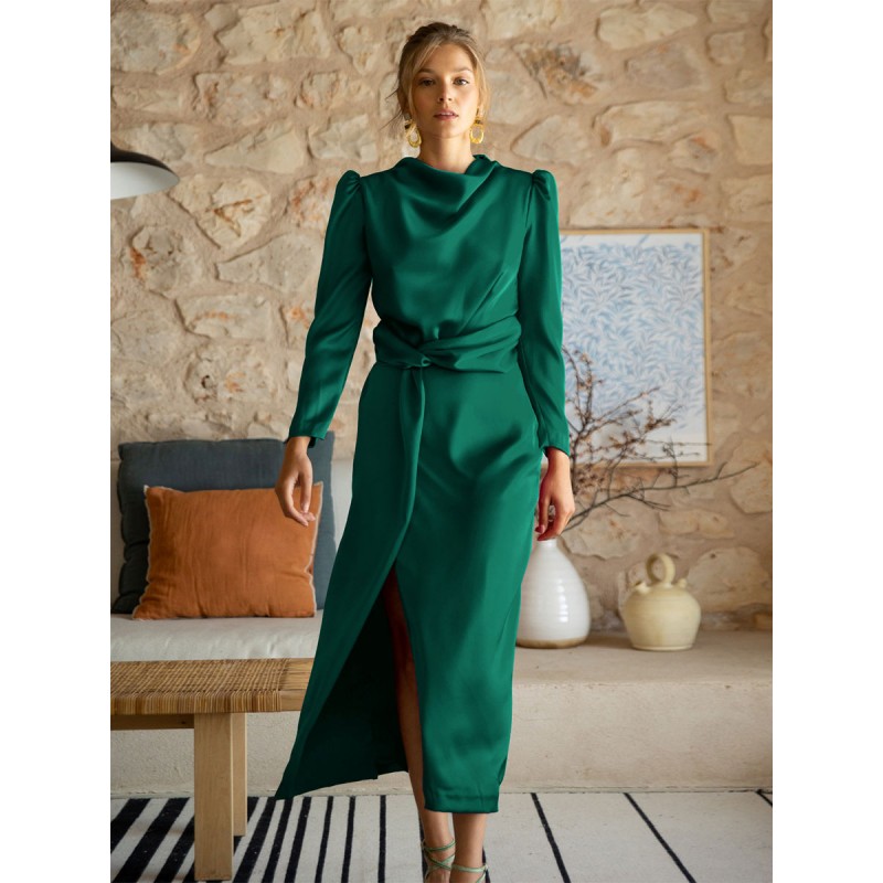 Women Party Dresses Green Jewel Neck Pleated Long Sleeves Semi Formal Dress Sexy Elegant Chic  Modern Summer Fall Winter