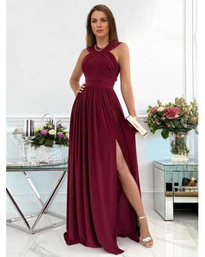 Women Long Party Dress Cross Neck Split Solid Color Prom Dress Maxi Spring Summer