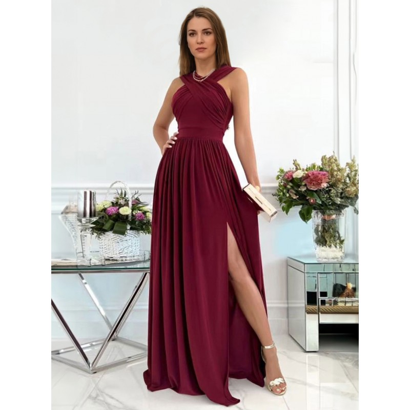 Women Long Party Dress Cross Neck Split Solid Color Prom Dress Maxi Spring Summer