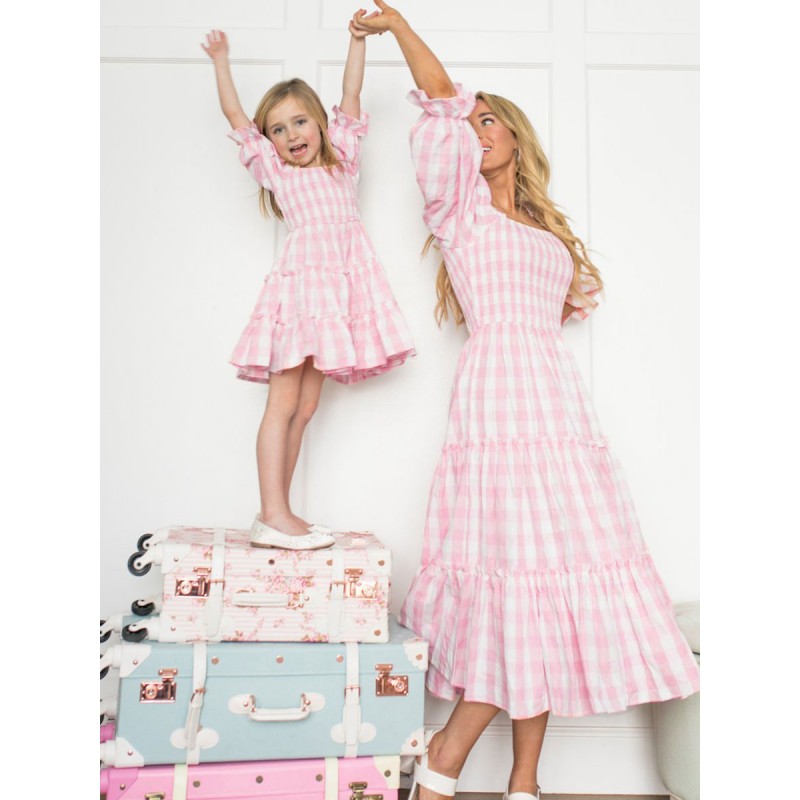 Barbie Pink Gingham Dress Parent-child Square Neck Plaid Medium Summer Dress Bodycon Street Wear Daily Casual