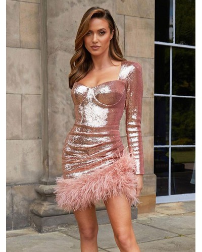 Bodycon Dresses Pink Sweetheart Neck Feathers Long Sleeves Pencil Dress Sexy Party Birthday