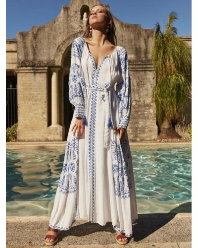 Boho Dress V-Neck Long Sleeves Bohemian Gypsy Vacation White Spring Summer Belted Maxi Dress For Women Beach Resort Wear