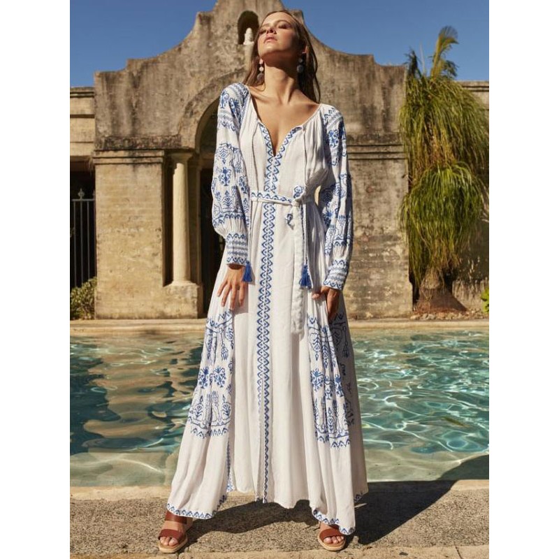 Boho Dress V-Neck Long Sleeves Bohemian Gypsy Vacation White Spring Summer Belted Maxi Dress For Women Beach Resort Wear