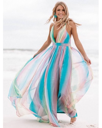 Women Maxi Dresses Sleeveless Pink Ombre Straps Neck Backless Floor Length Dress Tropical Summer