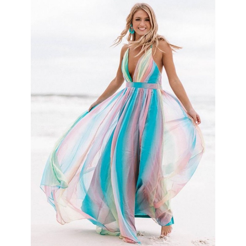 Women Maxi Dresses Sleeveless Pink Ombre Straps Neck Backless Floor Length Dress Tropical Summer