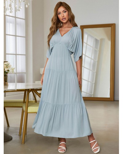 Women Dress V-Neck Short Sleeves Casual Pleated Long Dress Maxi Spring Summer Fall