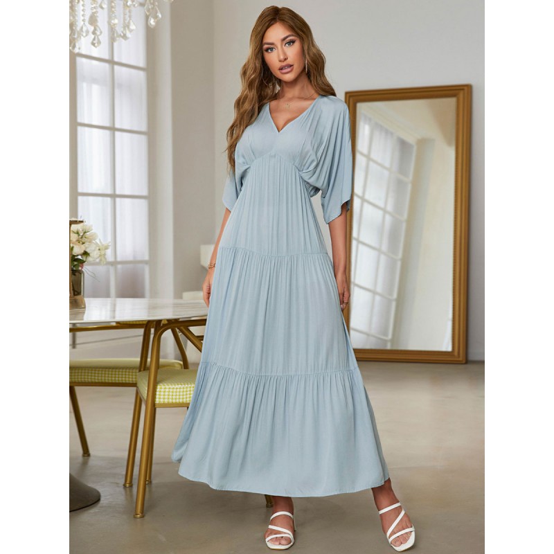 Women Dress V-Neck Short Sleeves Casual Pleated Long Dress Maxi Spring Summer Fall