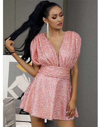 Women Party Dresses Pink V-Neck Sequins Sleeveless Backless Semi Formal Dress Sexy Spring Summer Fall