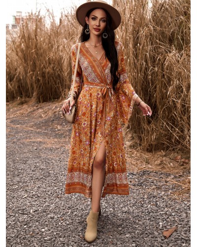 Women Boho Dress V-Neck Bell Sleeves Floral Printed Wrap Dress Bodycon Daily Casual Dating Resort Wear