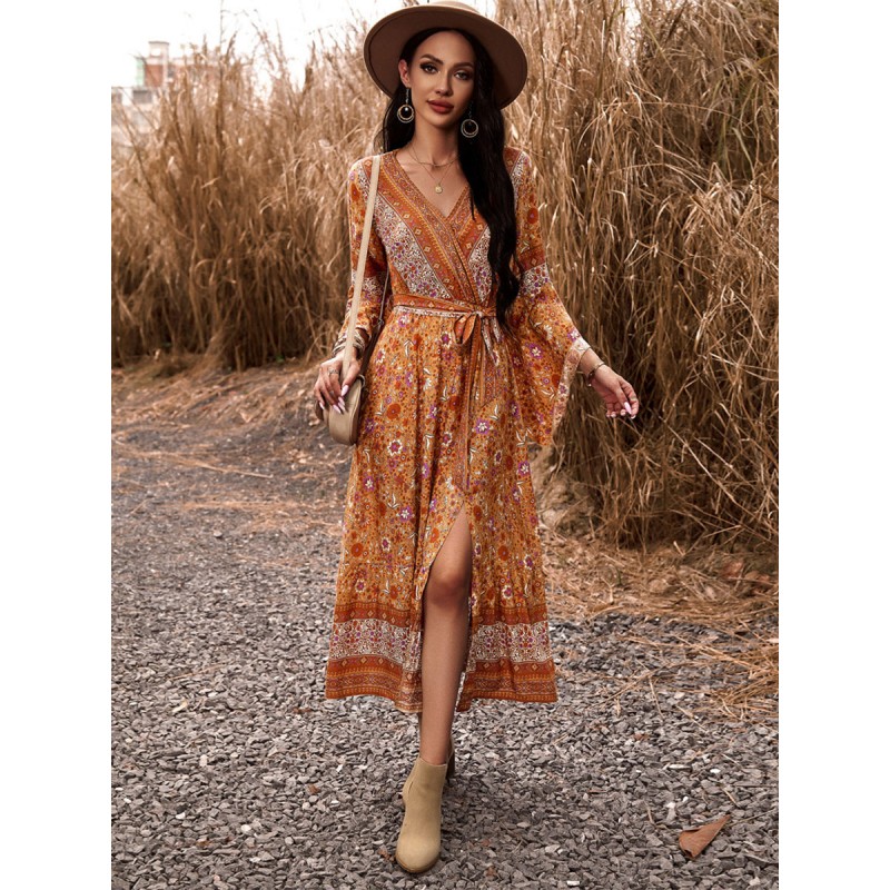 Women Boho Dress V-Neck Bell Sleeves Floral Printed Wrap Dress Bodycon Daily Casual Dating Resort Wear