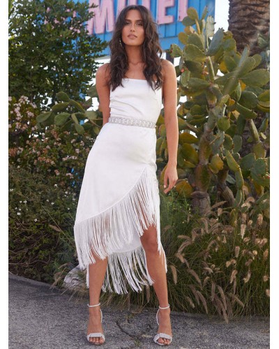 Women Dresses White Straps Neck Fringe Satin Fabric Beach Dress Maxi Summer