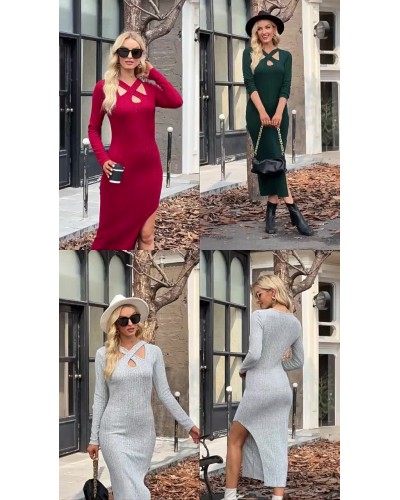 Knitted Dresses Red Cut Out High-slit Casual Long Sleeves Fall Midi Dress Bodycon Street Wear Daily Casual