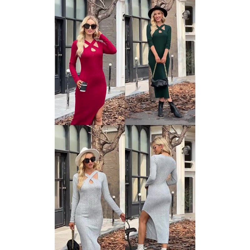 Knitted Dresses Red Cut Out High-slit Casual Long Sleeves Fall Midi Dress Bodycon Street Wear Daily Casual