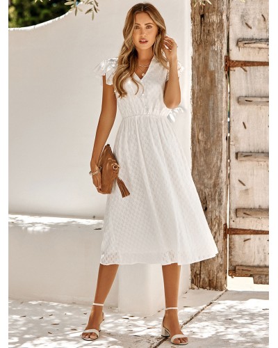 Casual V-Neck Short Sleeves Midi Dress Summer Beach Resort Wear