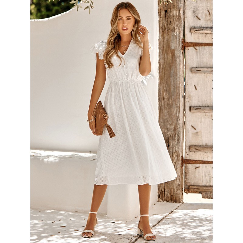 Casual V-Neck Short Sleeves Midi Dress Summer Beach Resort Wear