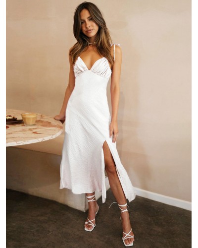 Dress Straps Neck Lace Up Low-slit White Medium Beach Dress Summer Street Wear Daily Casual Resort Wear