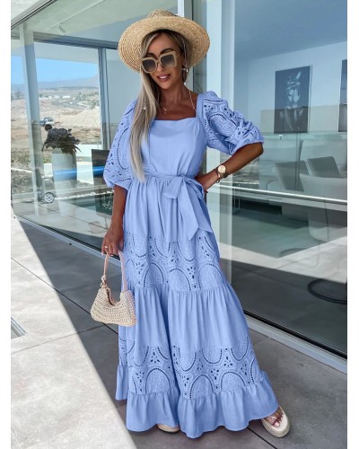 Women Maxi Dresses White Square Neck Cut Out Beach Dress Summer