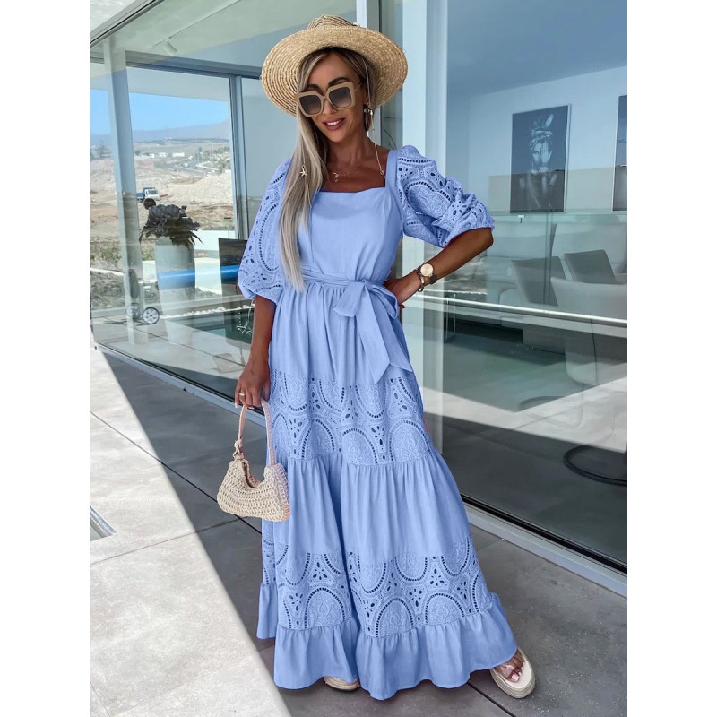 Women Maxi Dresses White Square Neck Cut Out Beach Dress Summer