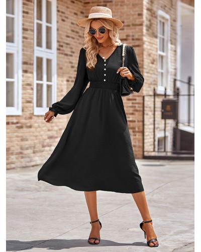 Women Midi Dress V-Neck Long Sleeves Casual Dress Bodycon Spring Fall