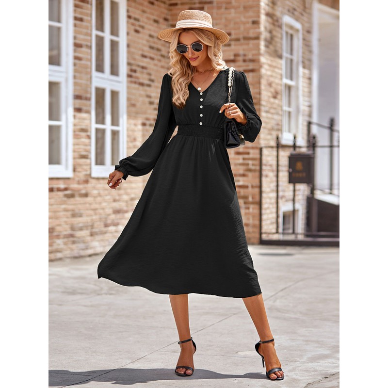 Women Midi Dress V-Neck Long Sleeves Casual Dress Bodycon Spring Fall