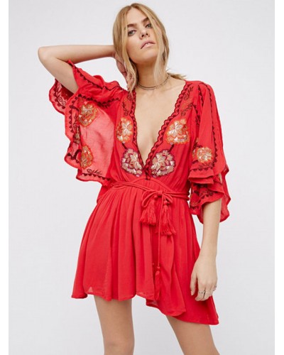 Boho Dress Flower Embroidery Cotton Deep V-Neck Slit Half-Sleeve Bohemian Gypsy Summer Vacation Mini Dress Beach Resort Wear