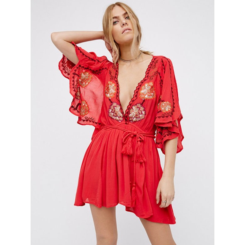 Boho Dress Flower Embroidery Cotton Deep V-Neck Slit Half-Sleeve Bohemian Gypsy Summer Vacation Mini Dress Beach Resort Wear