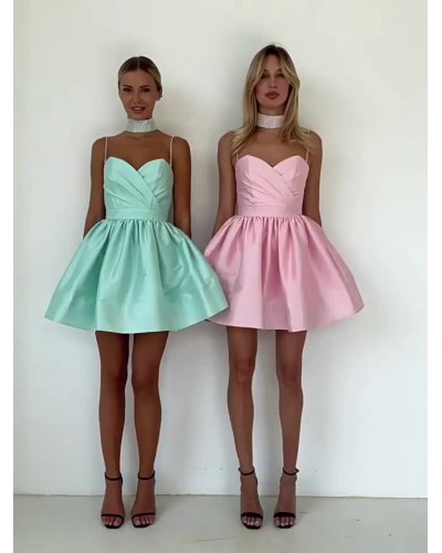 Dresses Mint Green Sweetheart Neck Pleated Sleeveless Semi Formal Dress Mini Party Birthday