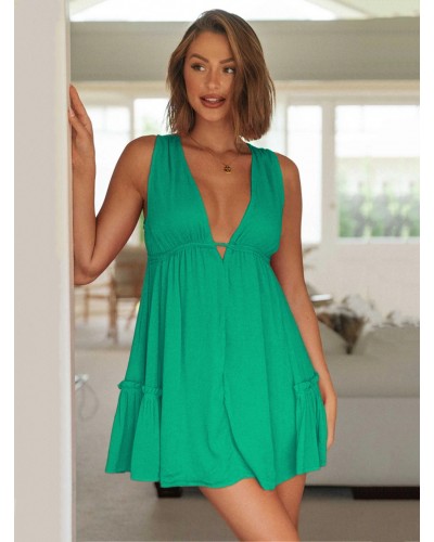 Women Dress V-Neck Lace Up Layered Green Beach Dress Bodycon Spring Summer Fall