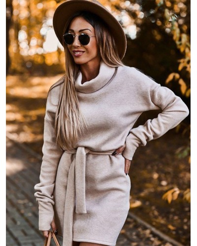 Women Knitted Dress Elegant Lycra Spandex Long Sleeves High Collar Dress Bodycon Spring Fall