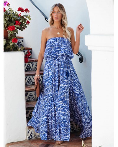 Women Dress Strapless Floral Print Backless Blue Long Beach Dress Summer Spring