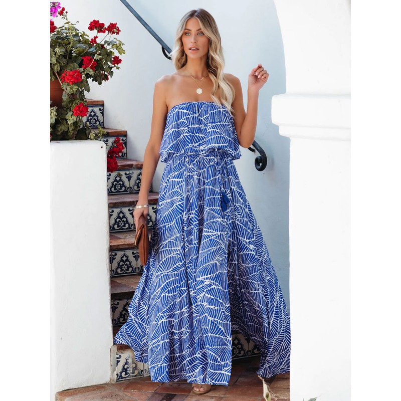 Women Dress Strapless Floral Print Backless Blue Long Beach Dress Summer Spring