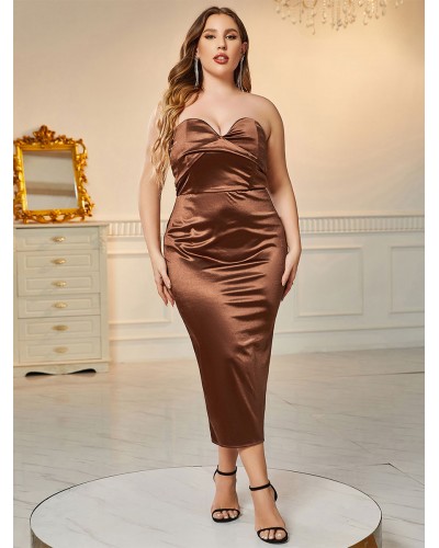 Women Plus Size Dress Strapless Sleeveless Satin Fabric Long One Piece Dress Sexy Summer