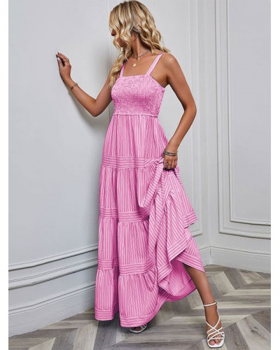 Women Dress Square Neck Stripes Pleated Pink Long Beach Dress Maxi Summer Fall