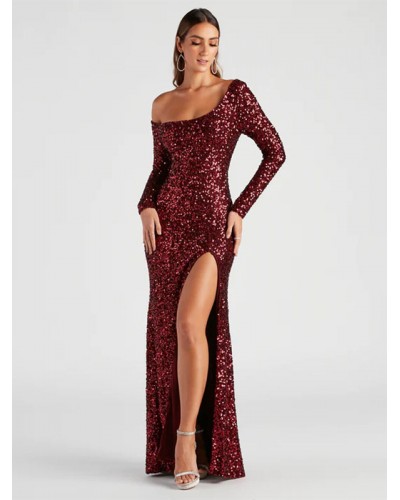 Women Party Dresses Burgundy Asymmetrical Neck Sequins Long Sleeves Irregular Semi Formal Dress Maxi Spring Summer Fall