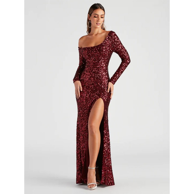 Women Party Dresses Burgundy Asymmetrical Neck Sequins Long Sleeves Irregular Semi Formal Dress Maxi Spring Summer Fall