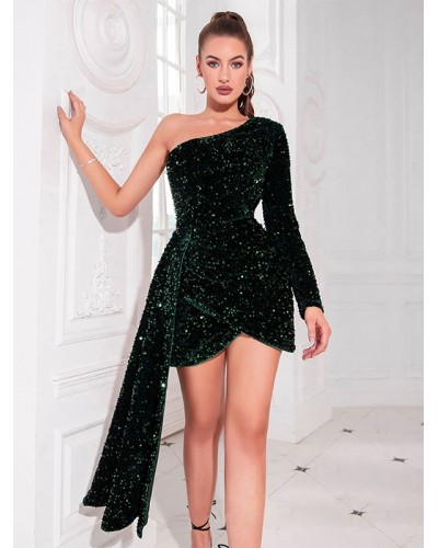 Birthday Sequin Prom Dress One-Shoulder Semi Formal Party Dress Sexy