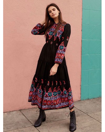 Women Boho Dress V-Neck Long Sleeves Black Embroidered Gypsy Beach Vacation Summer Long Dress Bohemian Spring Fall