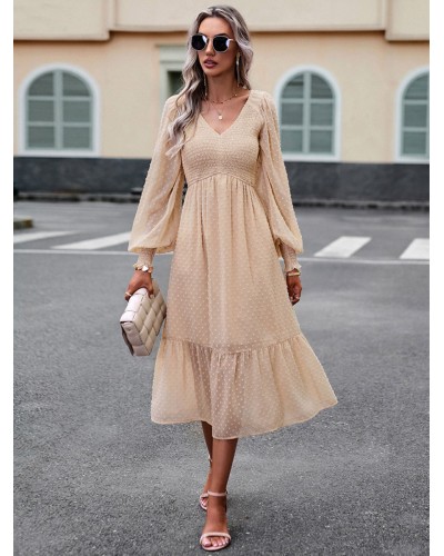 Women Midi Dress Layered V-Neck Long Sleeves Dresses Bodycon Spring Fall