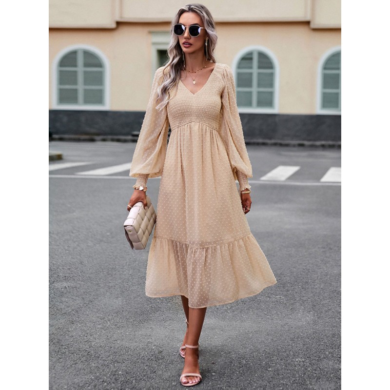 Women Midi Dress Layered V-Neck Long Sleeves Dresses Bodycon Spring Fall