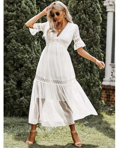 Women V-Neck Dress Half Sleeves Casual Lace Floor Length Dress Maxi Bohemian Summer