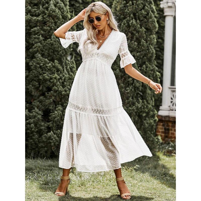 Women V-Neck Dress Half Sleeves Casual Lace Floor Length Dress Maxi Bohemian Summer