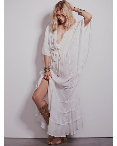 Women Boho Dress Deep V-Neck White 3/4 Length Sleeves Gypsy Beach Vacation Maxi Dress Bohemian Spring Summer