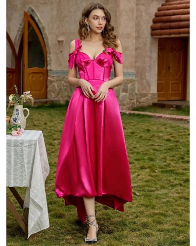 Women Party Dresses Rose Sweetheart Neck Lace Up Sleeveless High Low Design Semi Formal Dress Sexy Spring Summer Fall