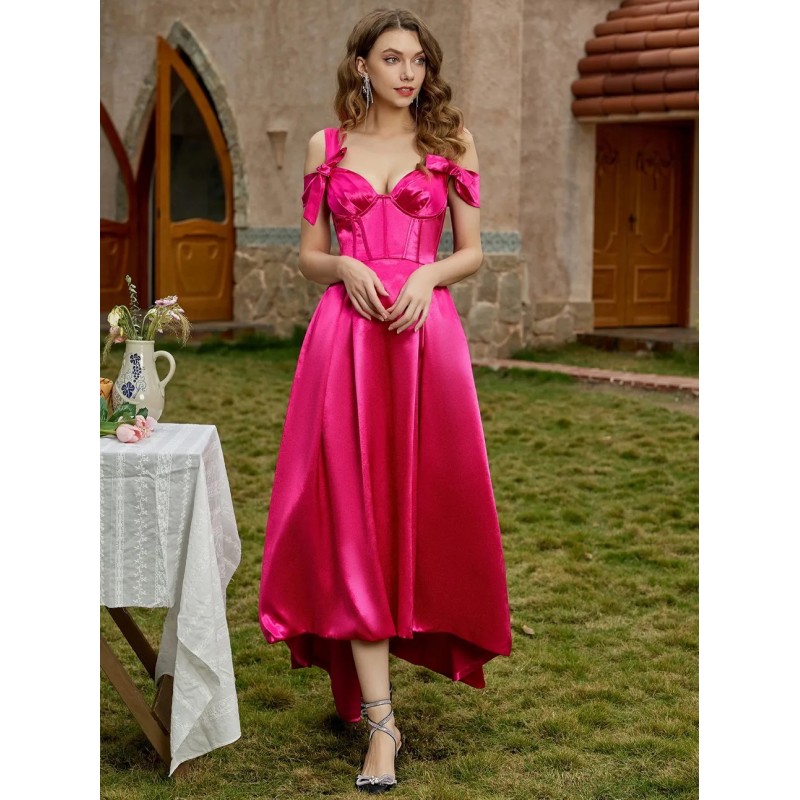 Women Party Dresses Rose Sweetheart Neck Lace Up Sleeveless High Low Design Semi Formal Dress Sexy Spring Summer Fall