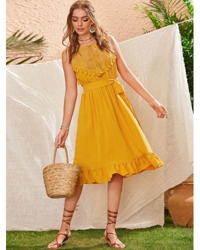 Women Birthday Dress Yellow Jewel Neck Beach Dress Sweet Pastoral Style Summer